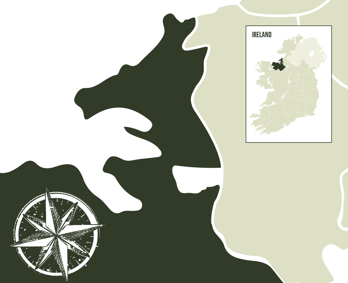 map of sligo with compass and ireland map indicating sligo's location